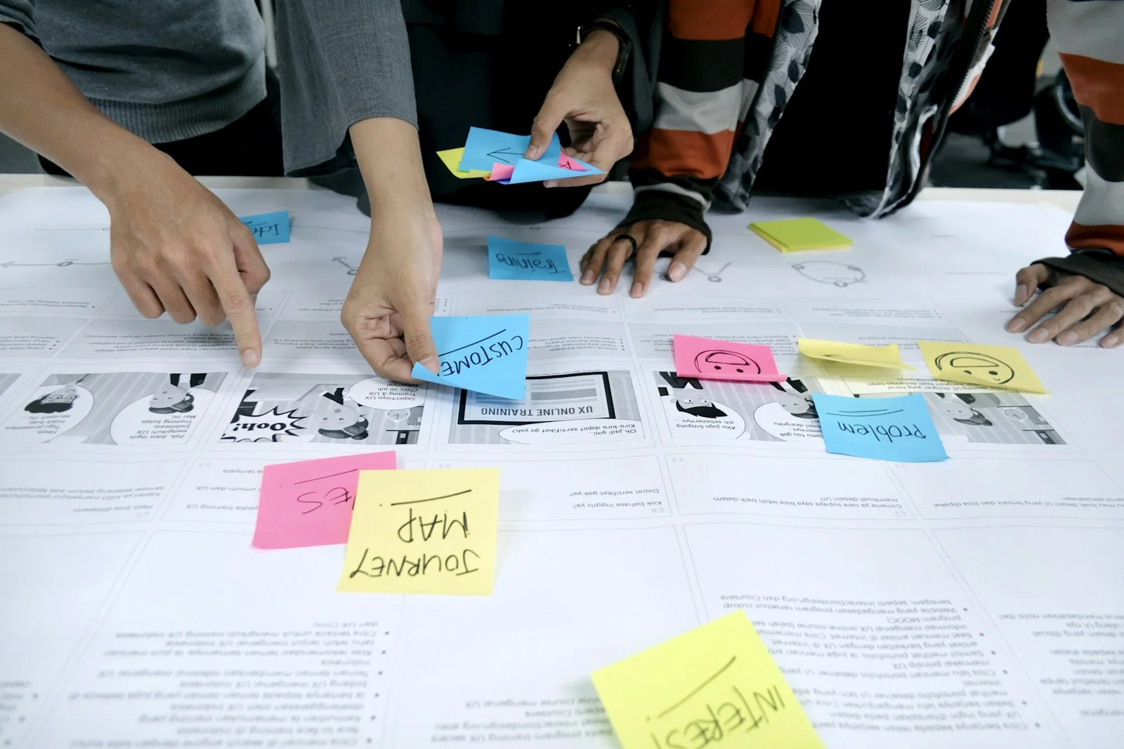 Tim menyusun customer journey dengan sticky notes