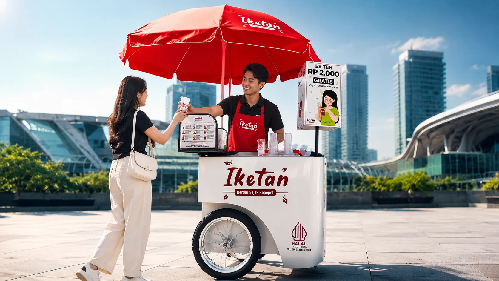 Ilustrasi penjual dan pembeli dalam materi visual Iketan